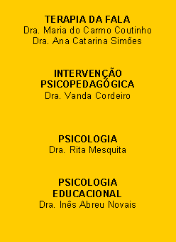 Caixa de texto: TERAPIA DA FALADra. Maria do Carmo CoutinhoDra. Ana Catarina SimõesINTERVENÇÃO PSICOPEDAGÓGICADra. Vanda CordeiroPSICOLOGIADra. Rita MesquitaPSICOLOGIAEDUCACIONALDra. Inês Abreu Novais